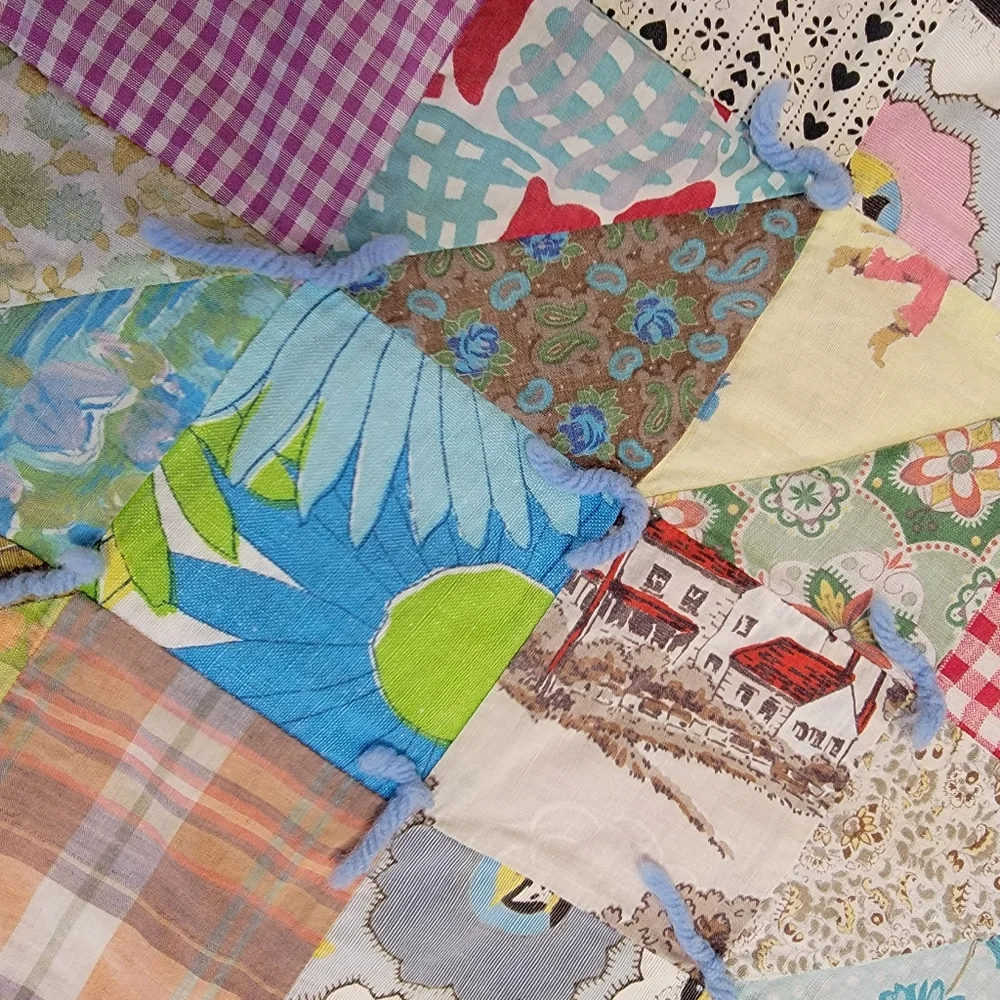 Patchwork Quilt Vintage HandMade Tied Pink Colorful Gingham Hand Applied Binding